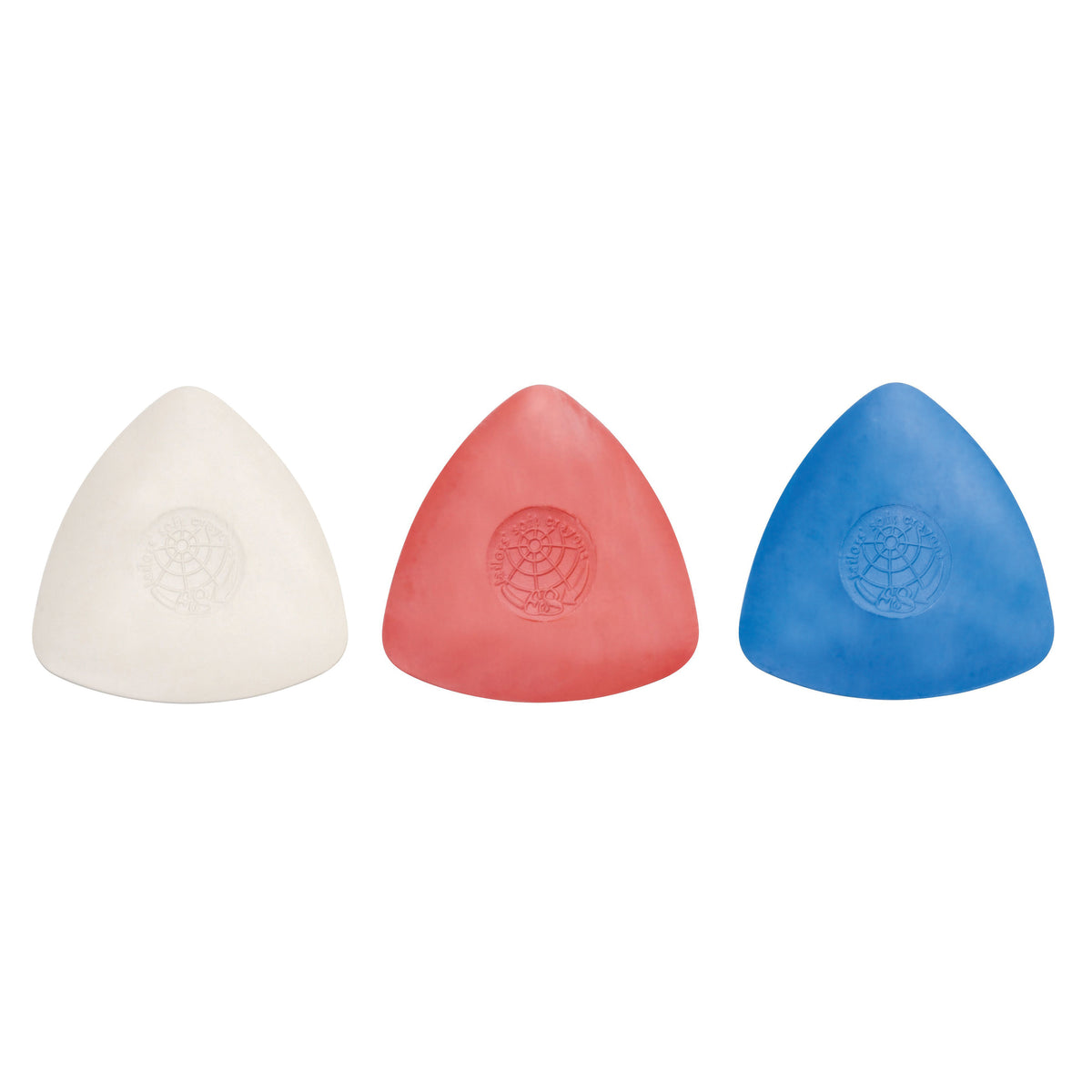 Three triangle tailor's chalks in red, white and blue in a plastic box