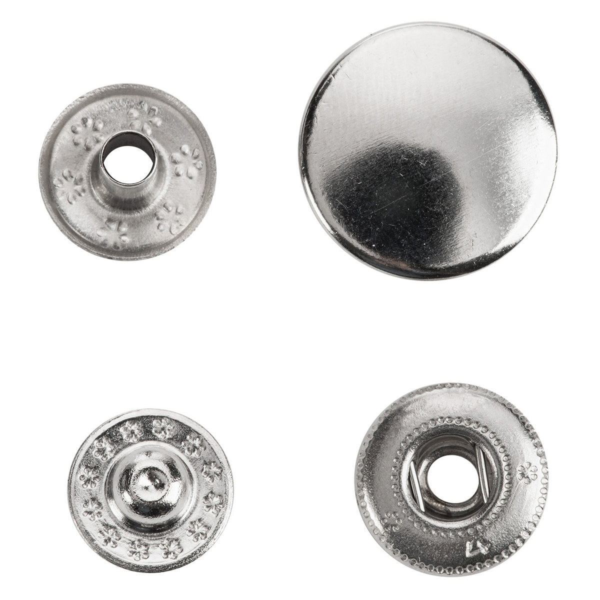 Pack of silver 15mm anorak snap fasteners with fitting tool