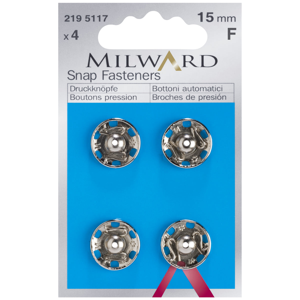 Pack of 4 silver sew-on snap fasteners, 15mm on a Milward card