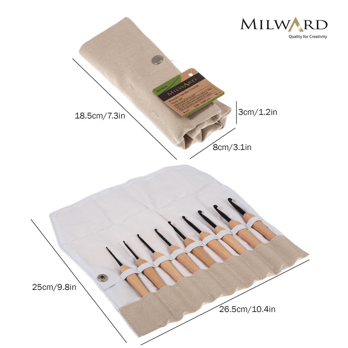 Milward set of 9 beech handled crochet hooks in a wrap