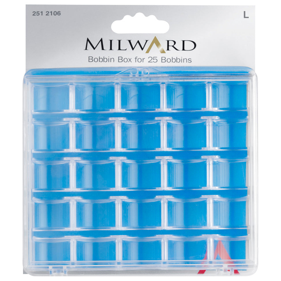 Clear plastic bobbin storage box