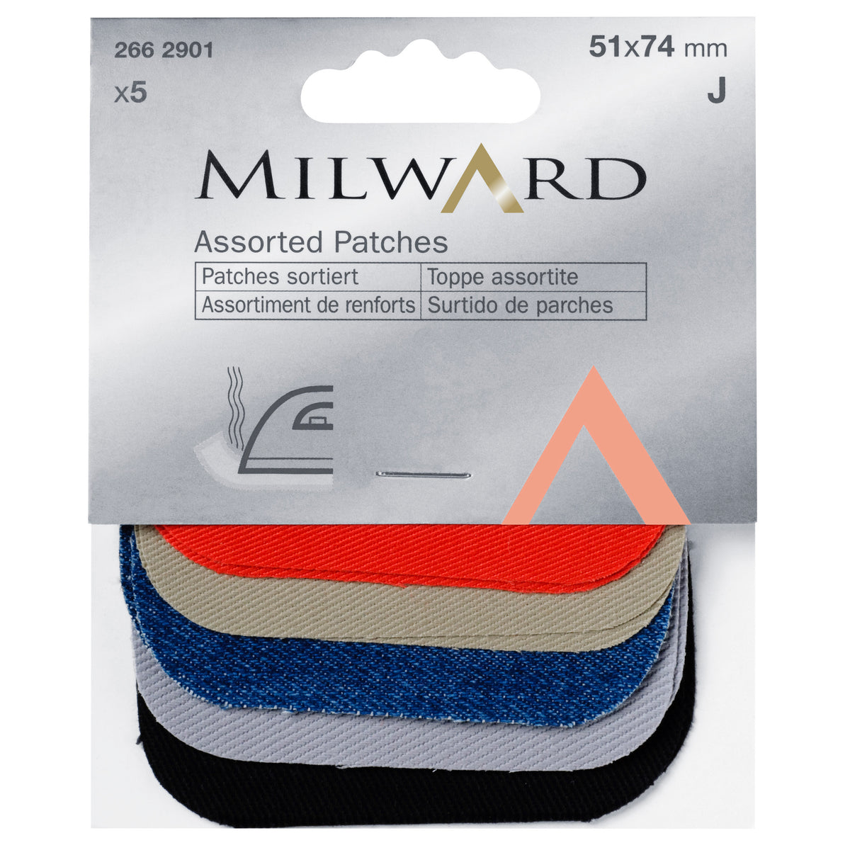 Five iron-on cotton patches in assorted colours