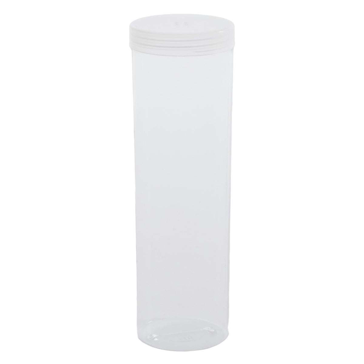Clear plastic tube with white screw-on lid