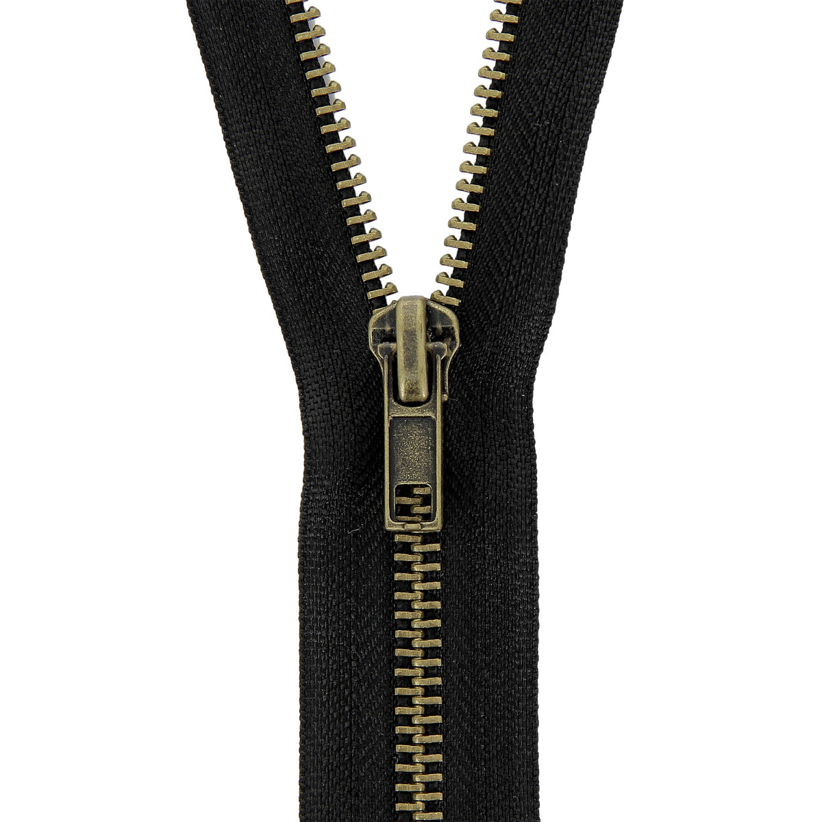 Black open-end jacket zip with brass teeth