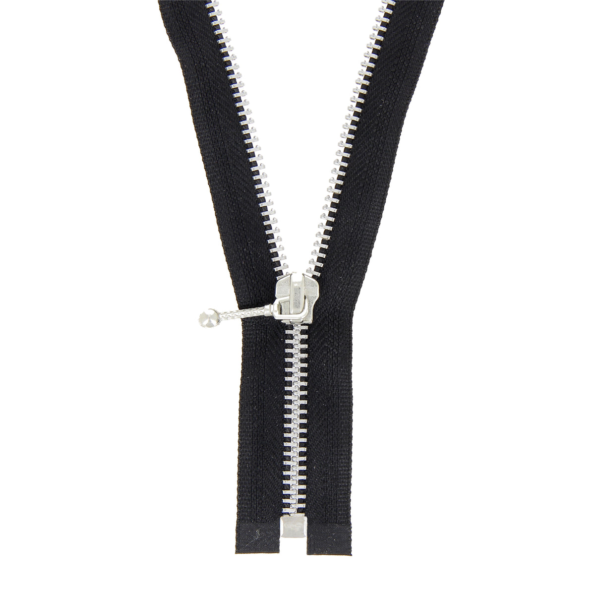 Black 30cm open-end zip with silver aluminium teeth