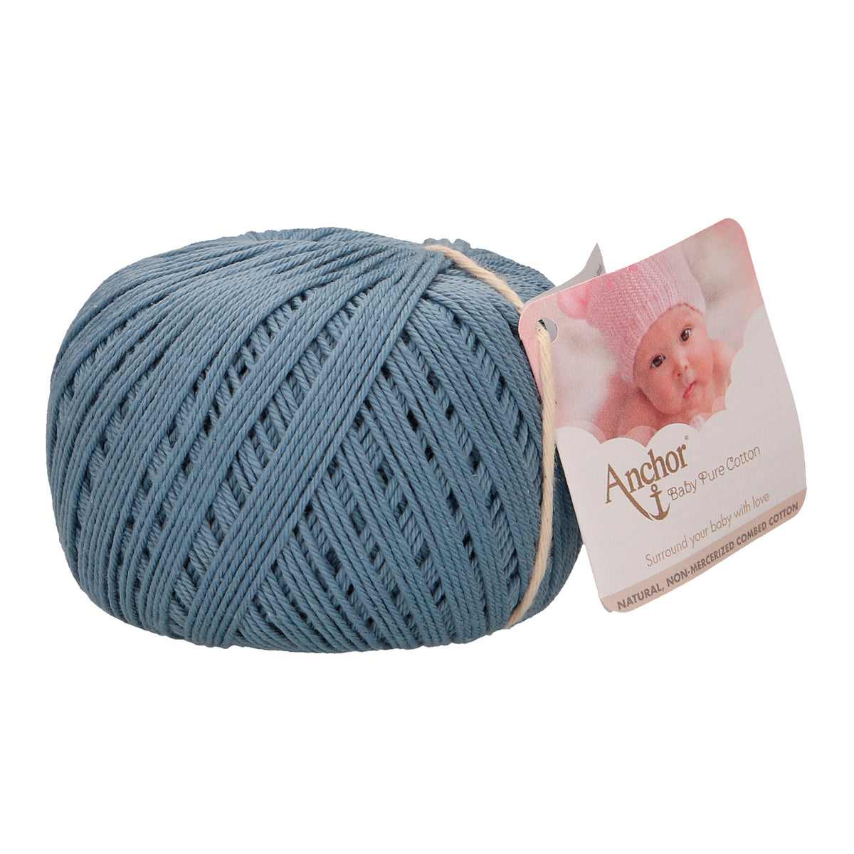 Ball of Anchor Baby Pure Cotton 4 ply yarn in Mid Blue