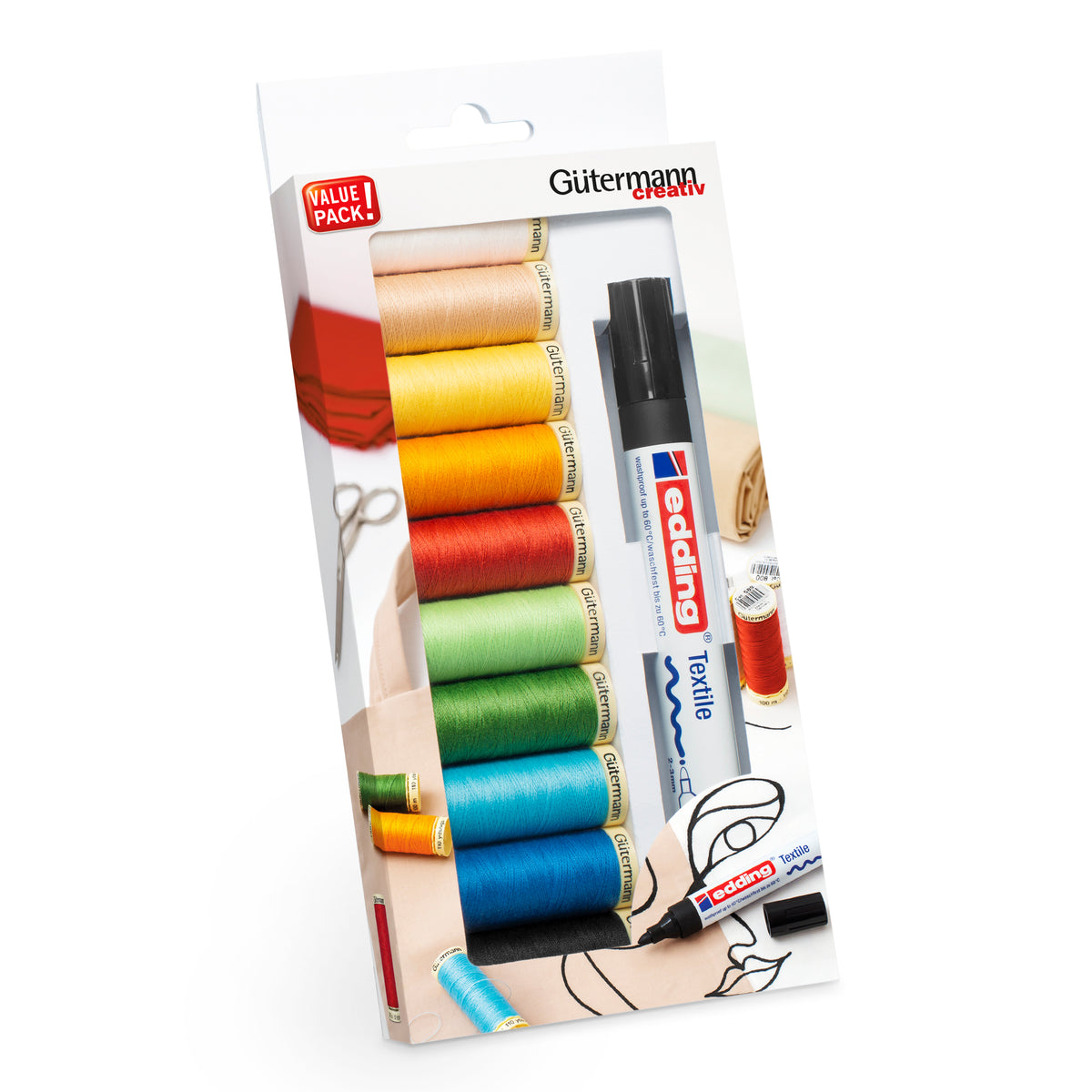 Gutermann thread set with ten Sew-All spools and an Edding textile marker