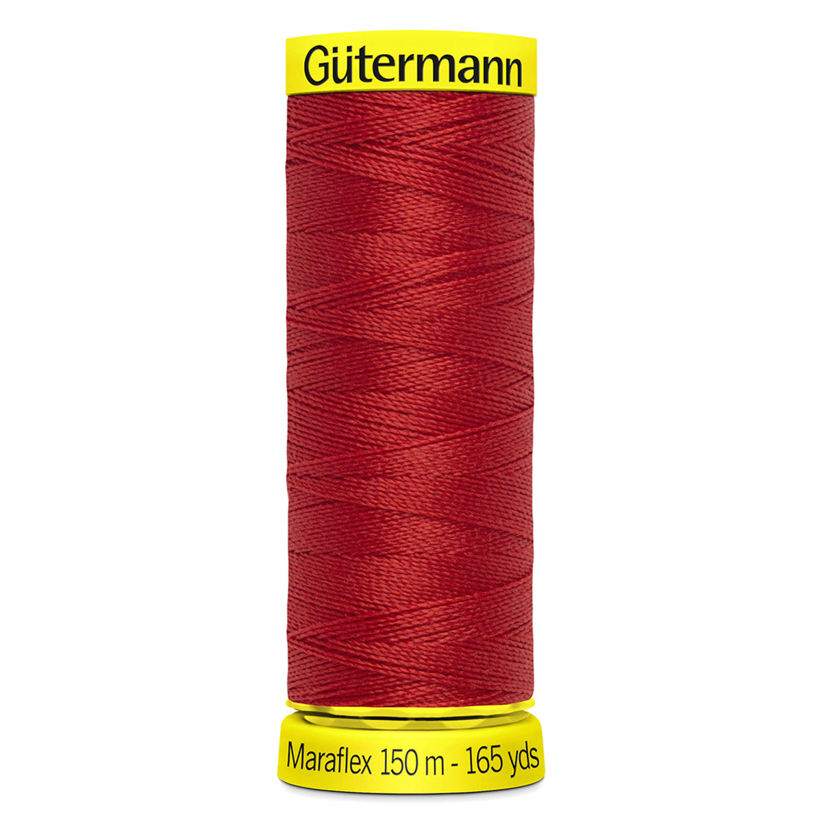 Spool of Gutermann Maraflex elastic thread in brick red