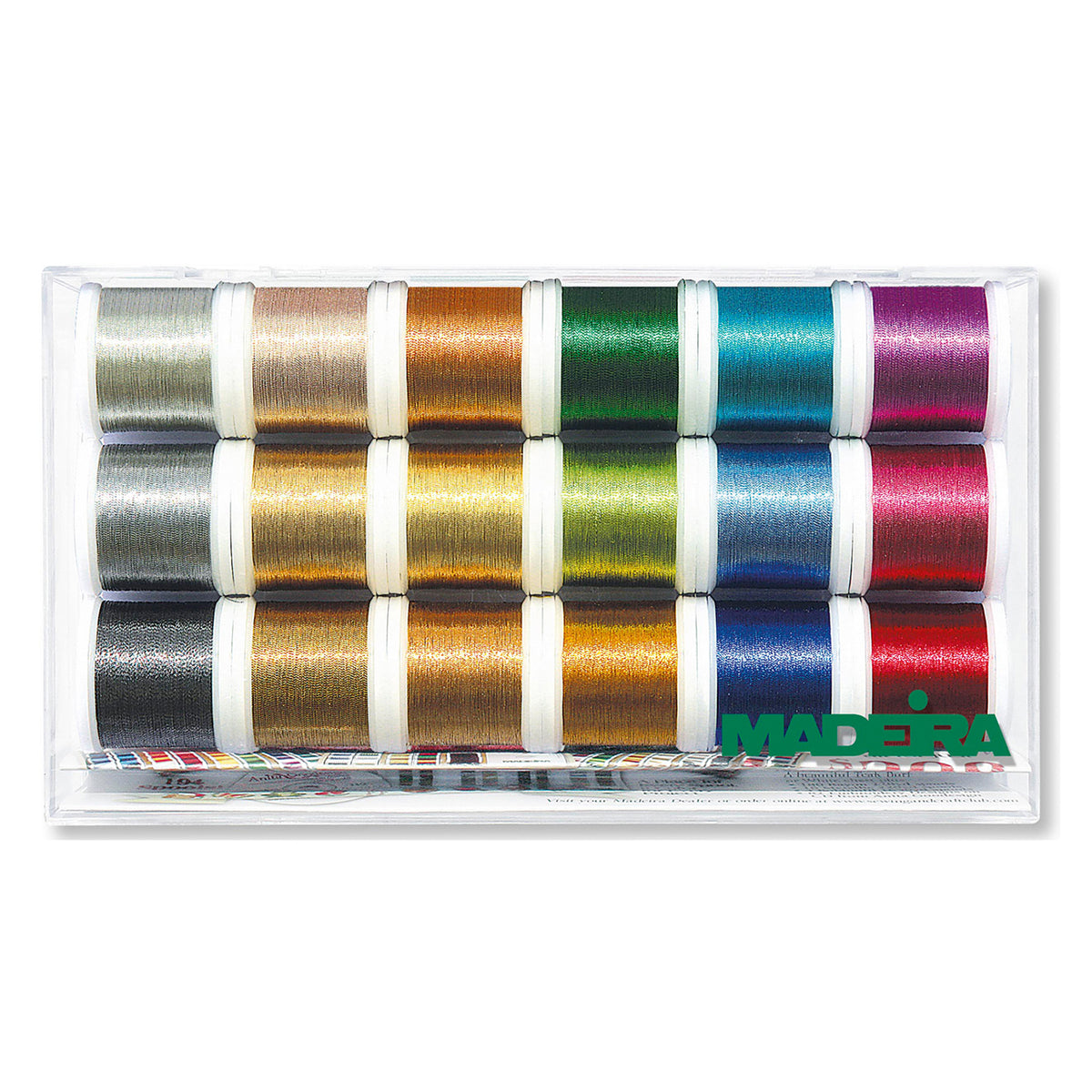 Clear box of eighteen Madeira Metallic Smooth thread spools