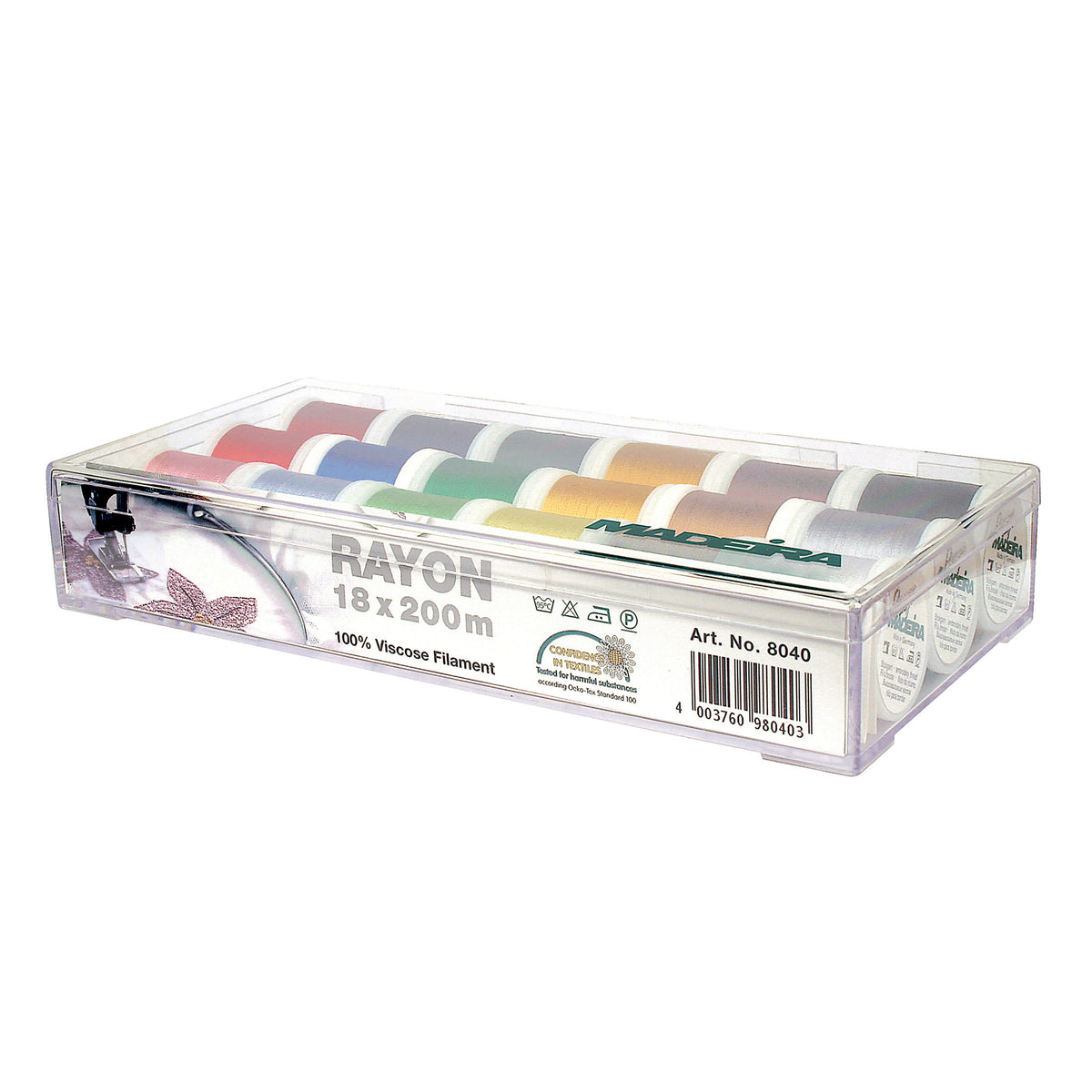 Clear box of eighteen Madeira Rayon No.40 embroidery thread spools