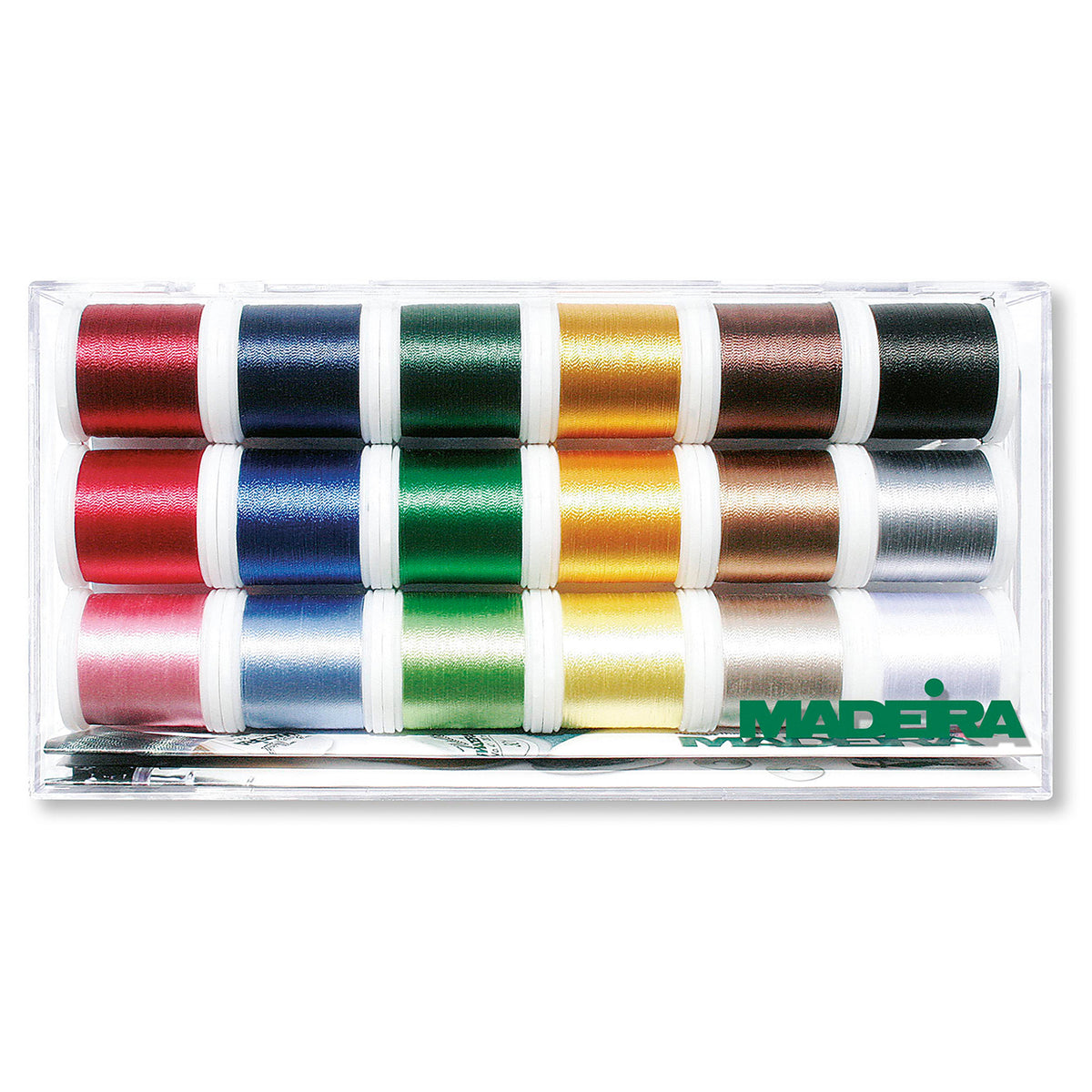 Clear box of eighteen Madeira Polyneon No.40 thread spools