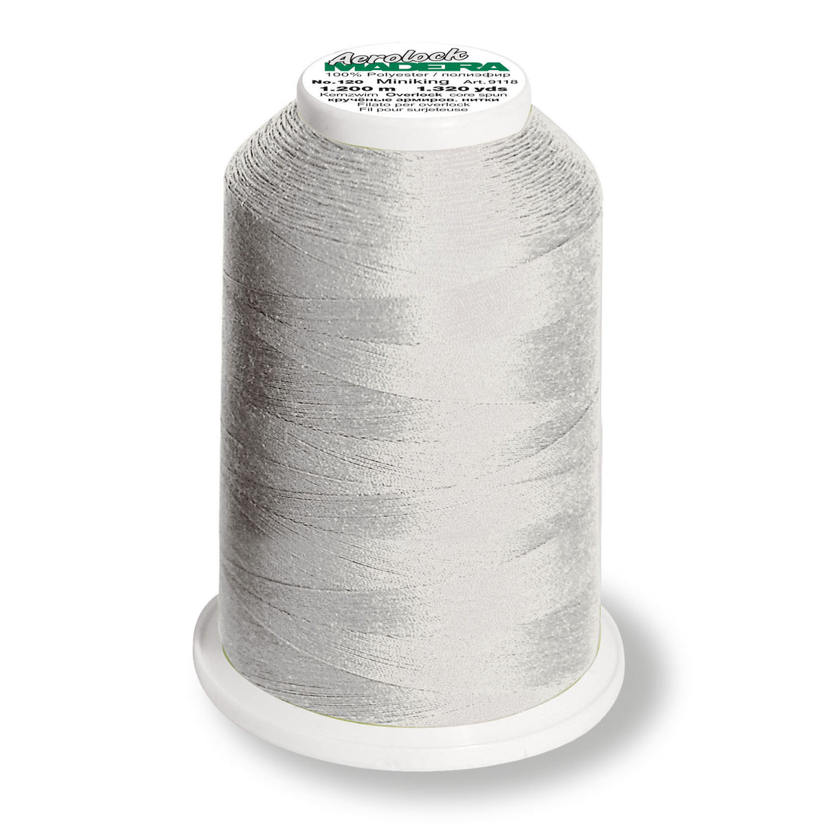 Madeira Aerolock overlock thread on a mini king spool in pearl grey