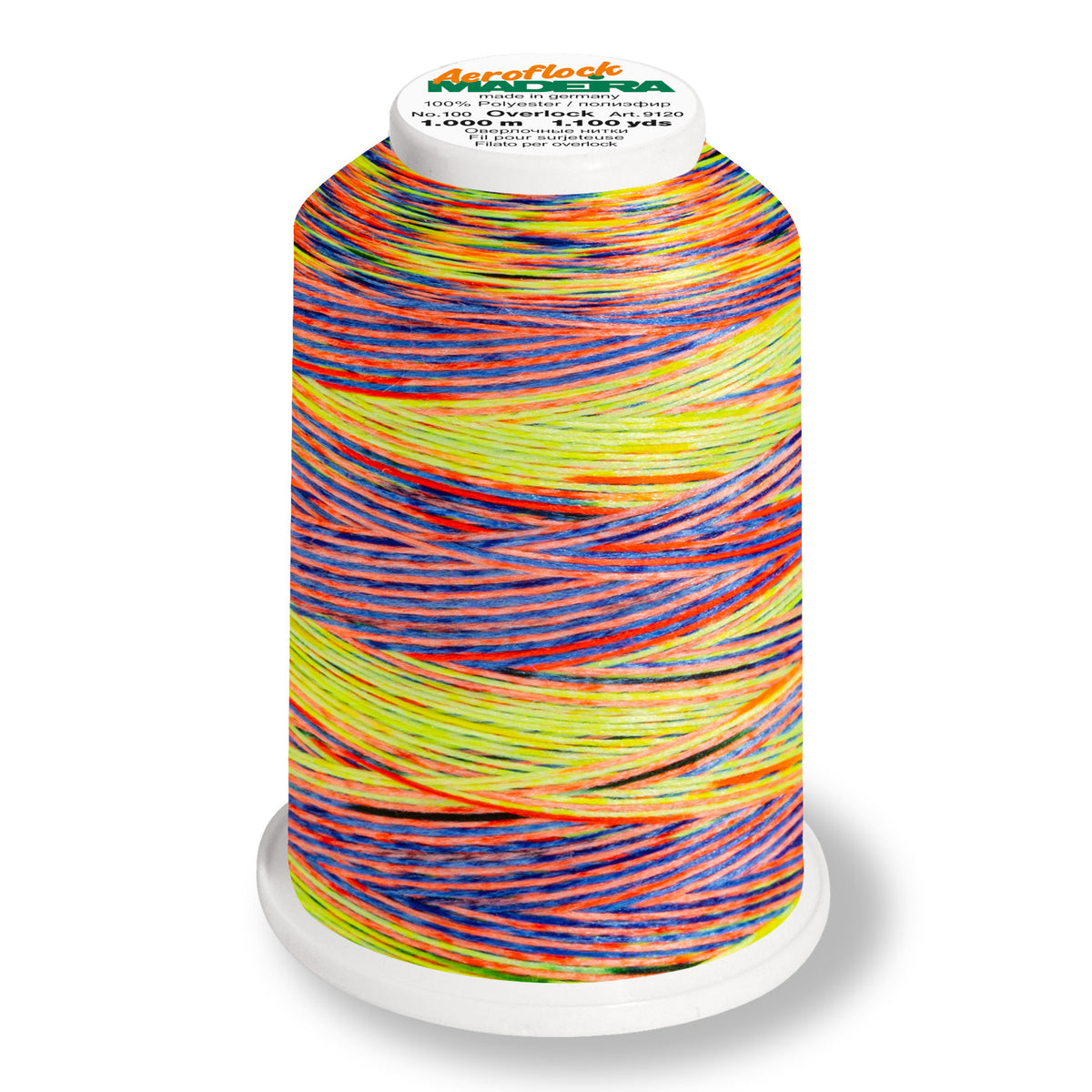 Madeira Aeroflock textured overlock thread on a mini king spool in chameleon