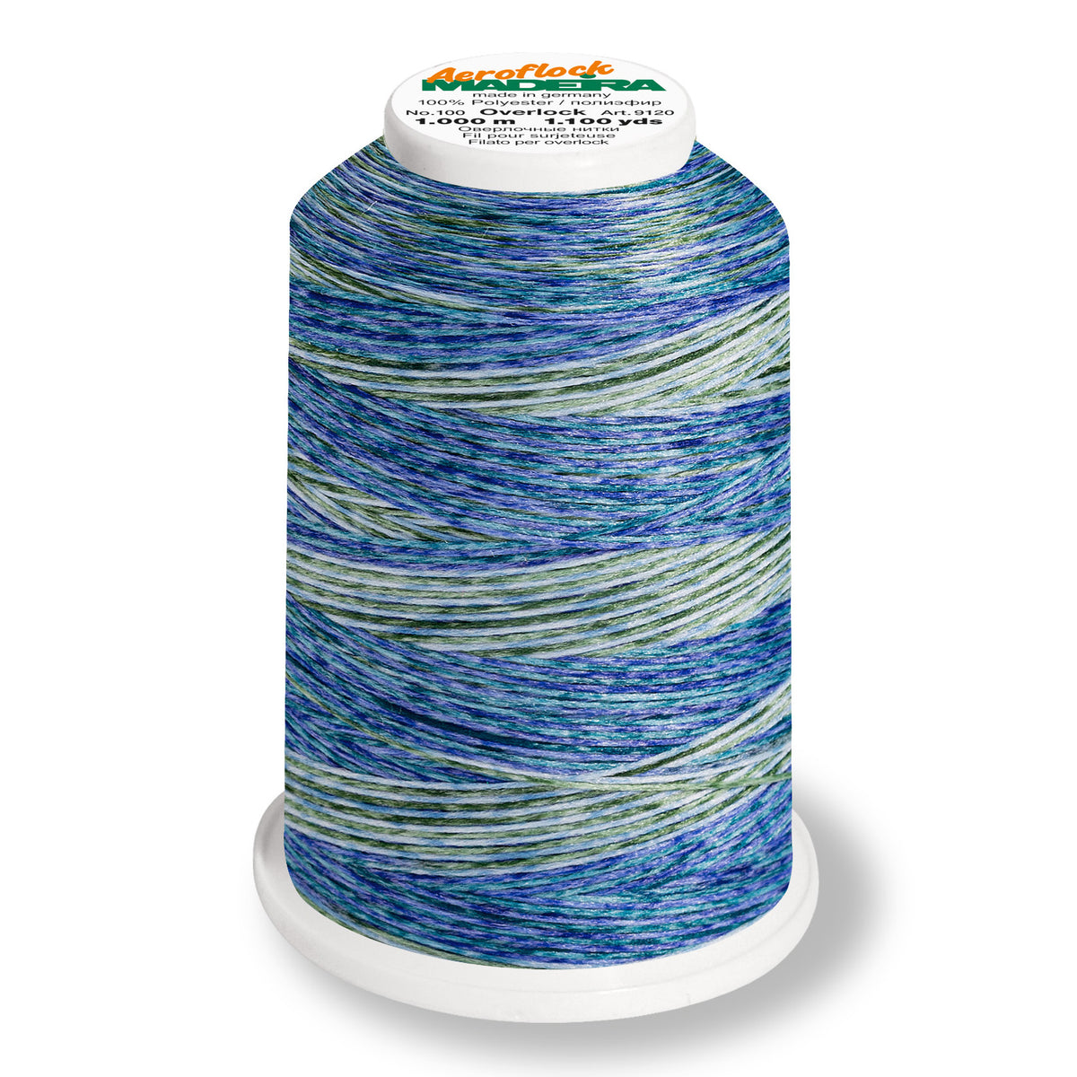 Madeira Aeroflock textured overlock thread on a mini king spool in ocean