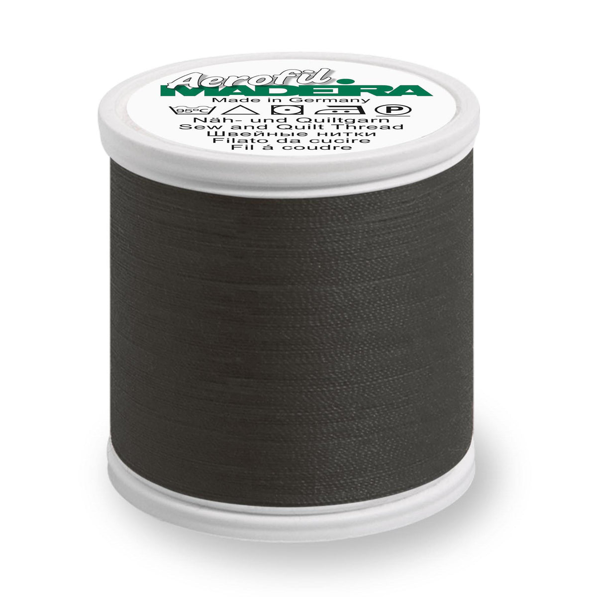 Spool of Madeira Aerofil sewing thread in charcoal
