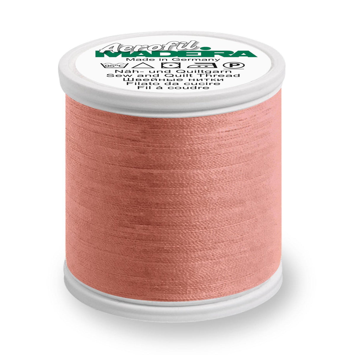 Spool of Madeira Aerofil sewing thread in apricot