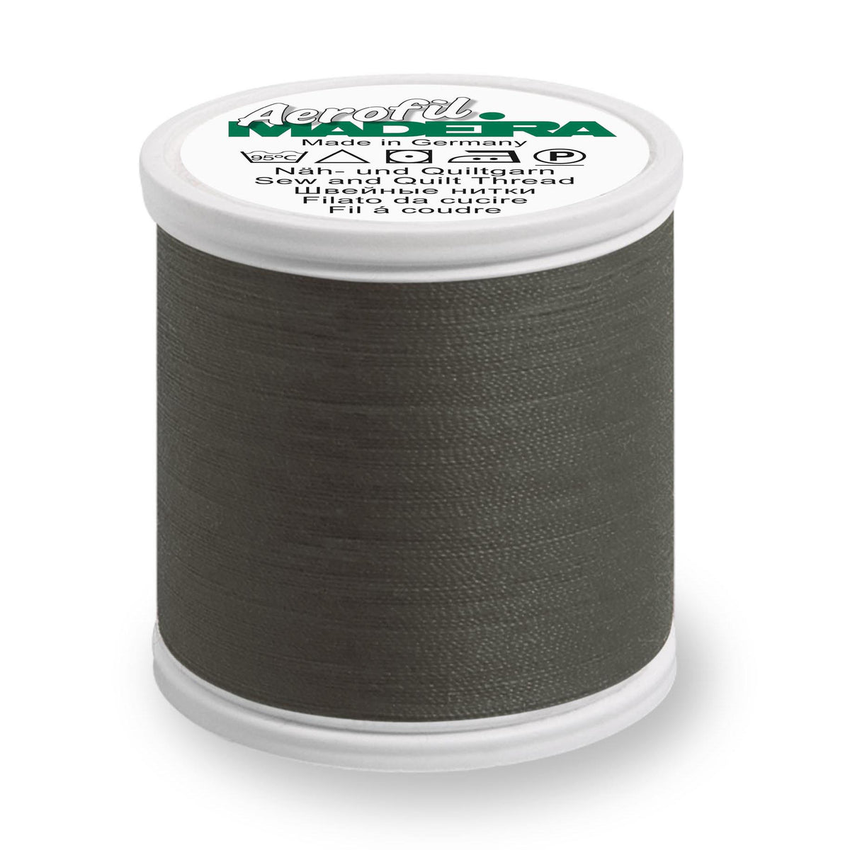 Spool of Madeira Aerofil sewing thread in dark silver