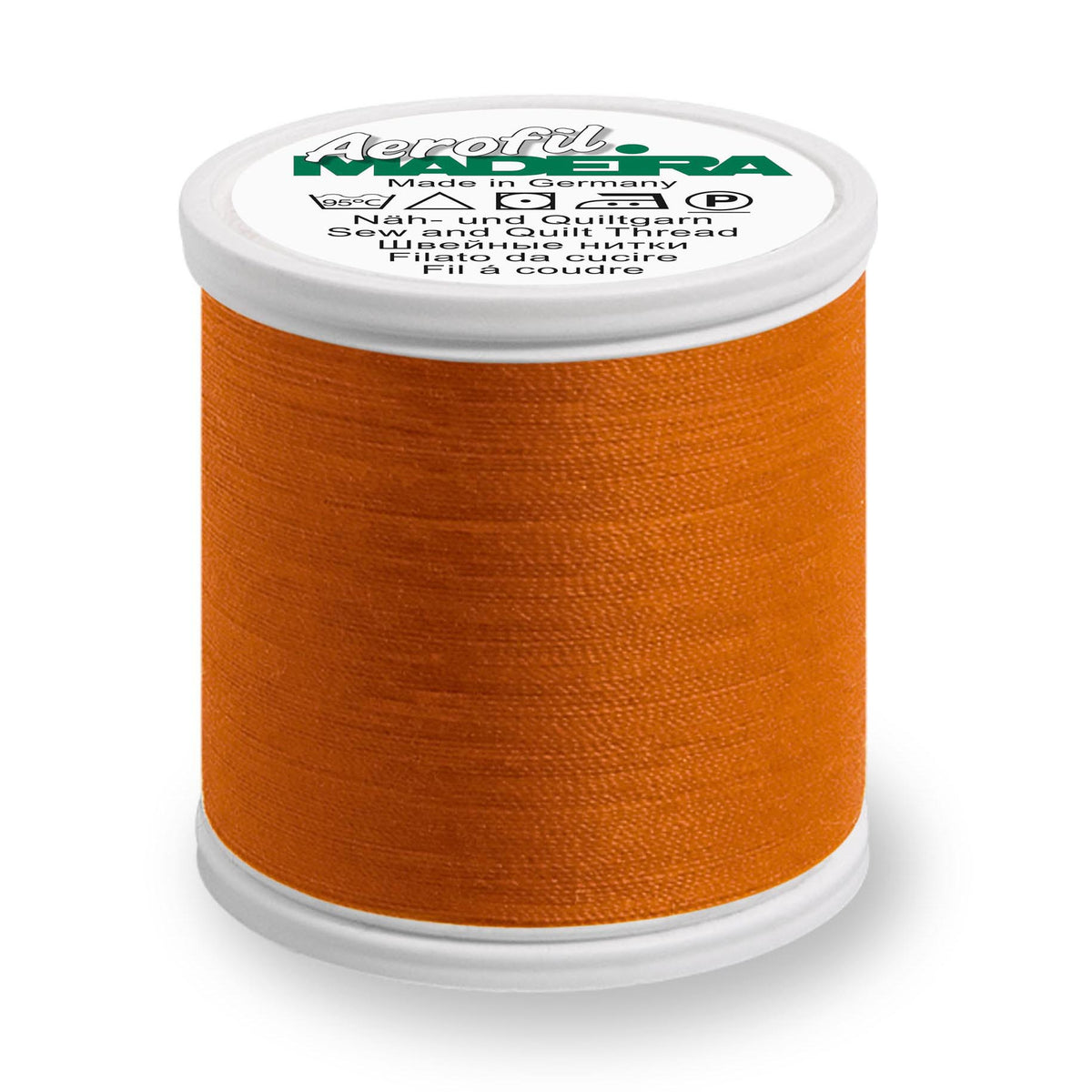Spool of Madeira Aerofil sewing thread in Tangerine