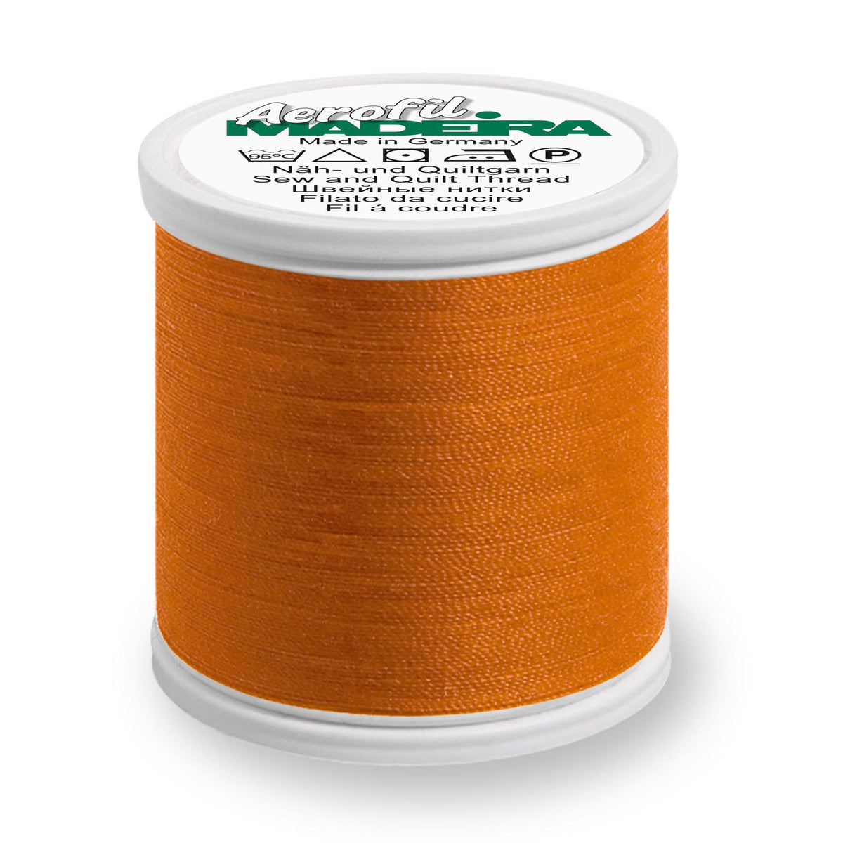 Spool of Madeira Aerofil sewing thread in Orange Sunrise