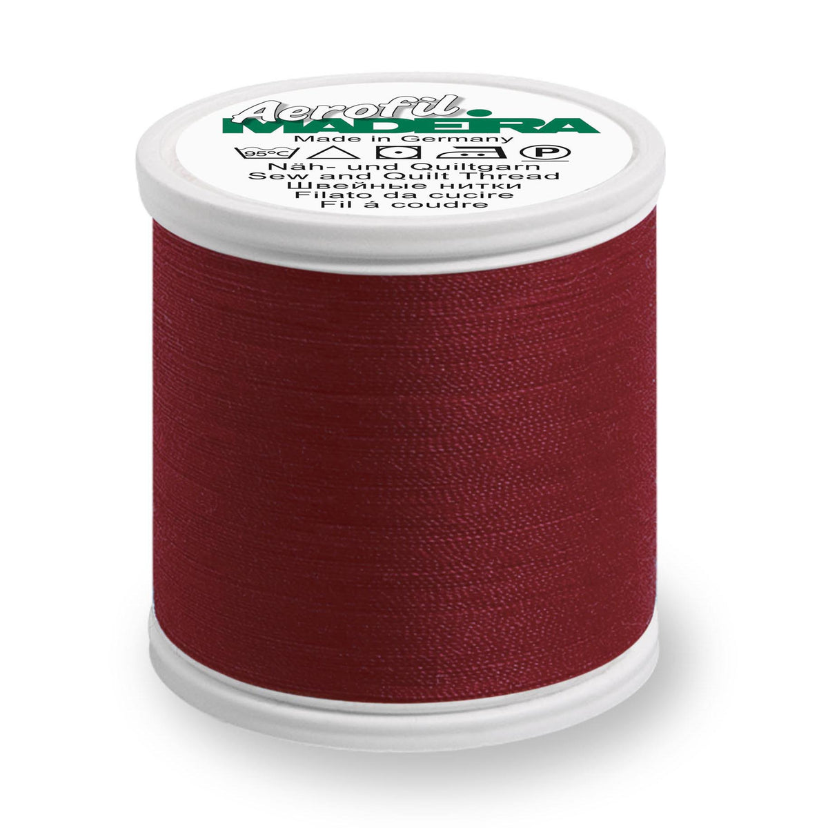 Spool of Madeira Aerofil sewing thread in burgundy