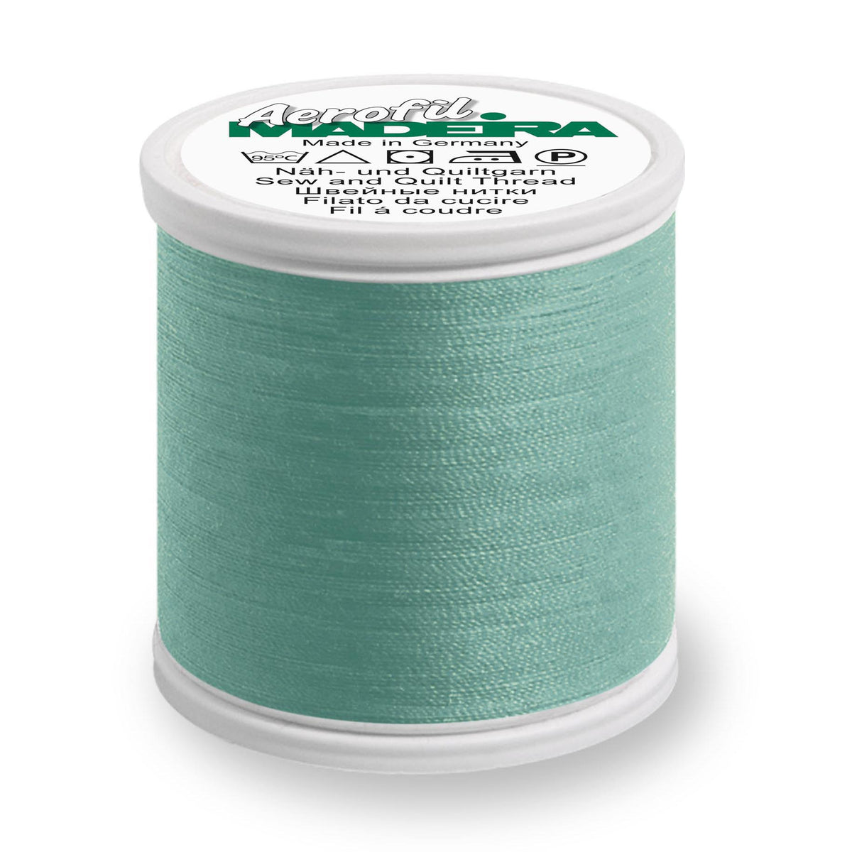 Spool of Madeira Aerofil sewing thread in aqua green