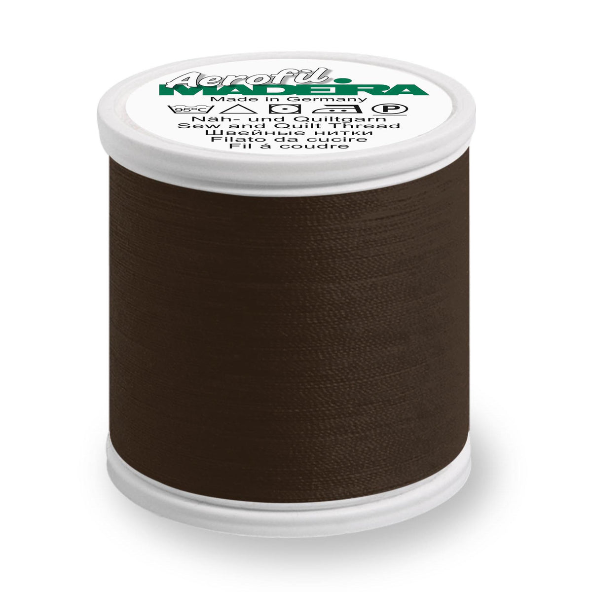 Spool of Madeira Aerofil sewing thread in chocolate