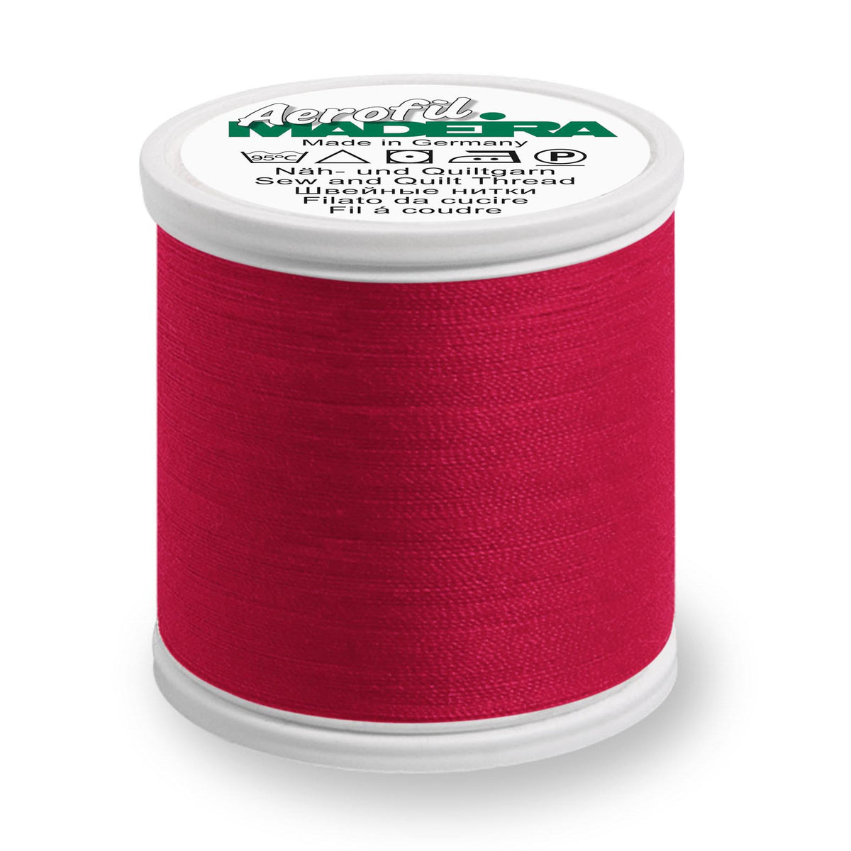 Spool of Madeira Aerofil sewing thread in Xmas Red