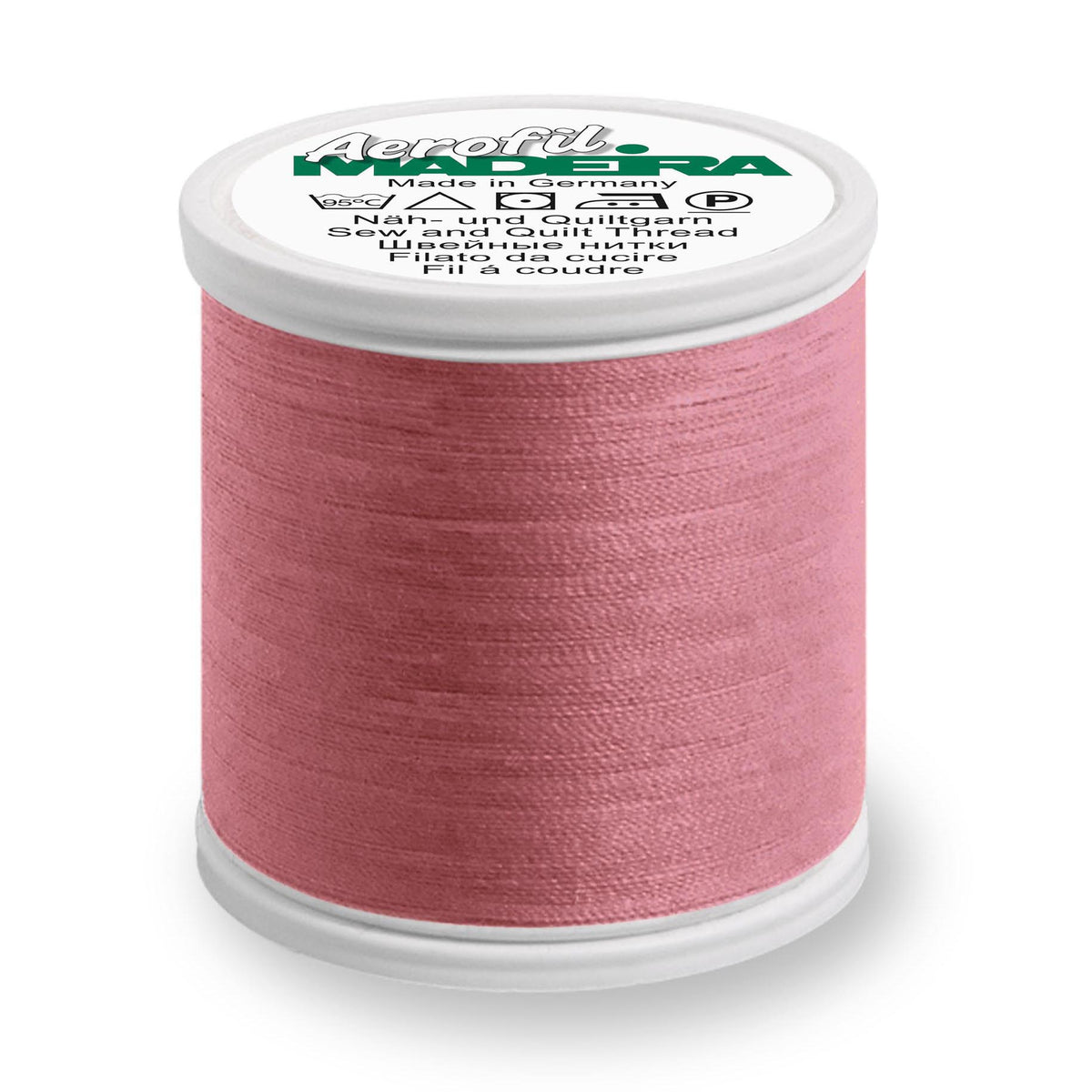 Spool of Madeira Aerofil sewing thread in Old Pink