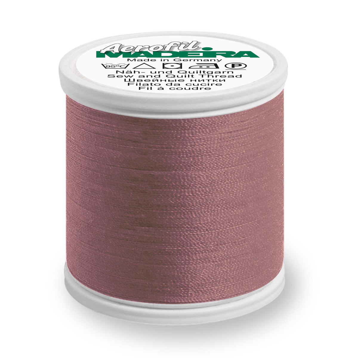 Spool of Madeira Aerofil sewing thread in deep mauve