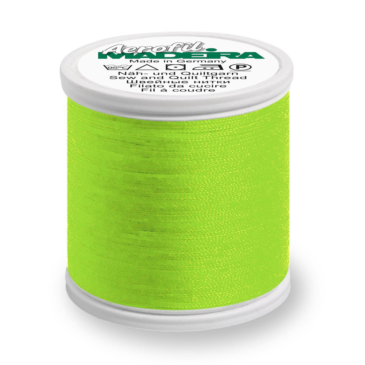 Spool of Madeira Aerofil sewing thread in Neon Green