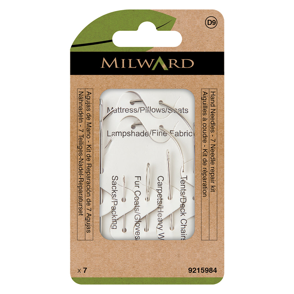 Set of seven Milward Green repair needles including curved needles