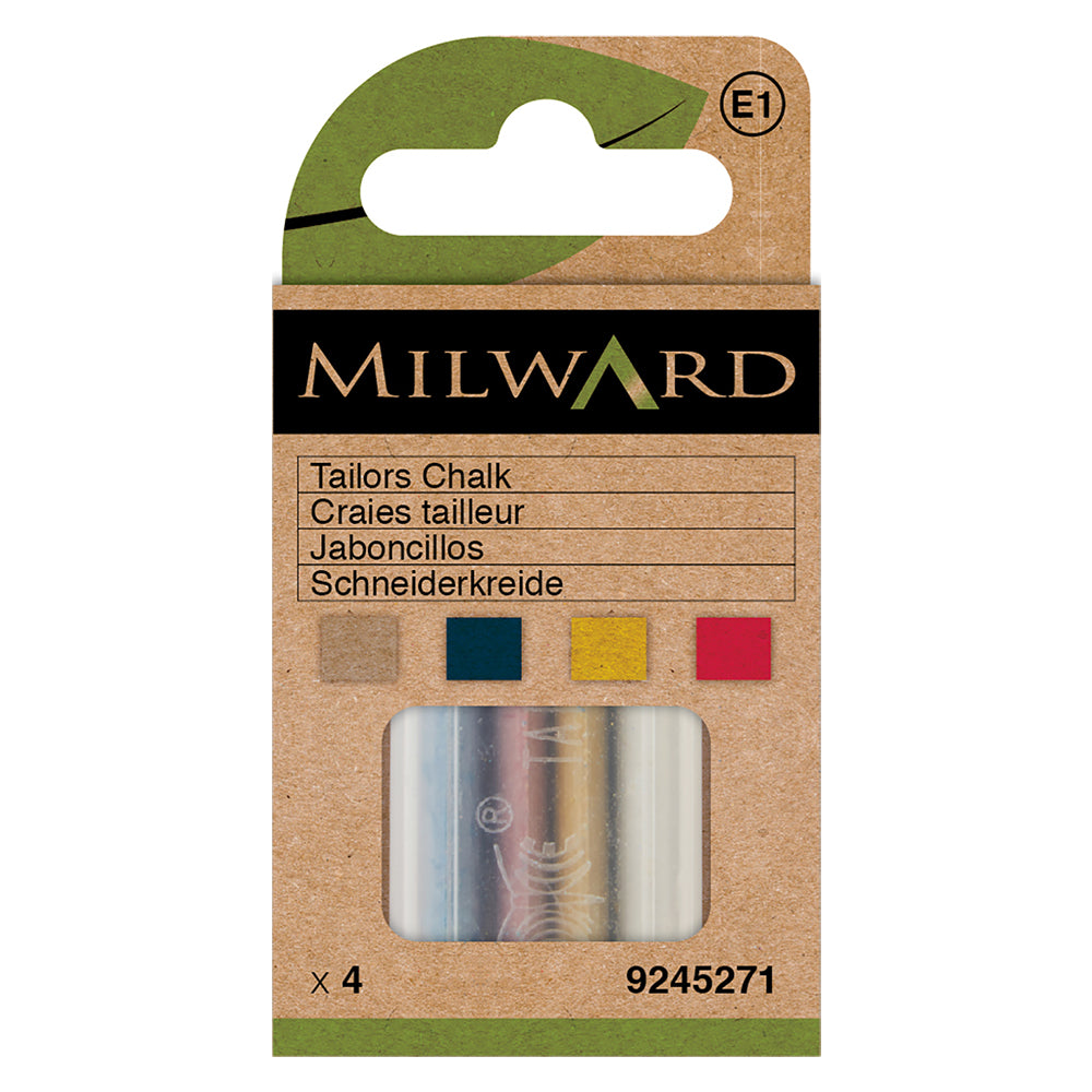 Four coloured Milward Green tailors chalks in a plastic case