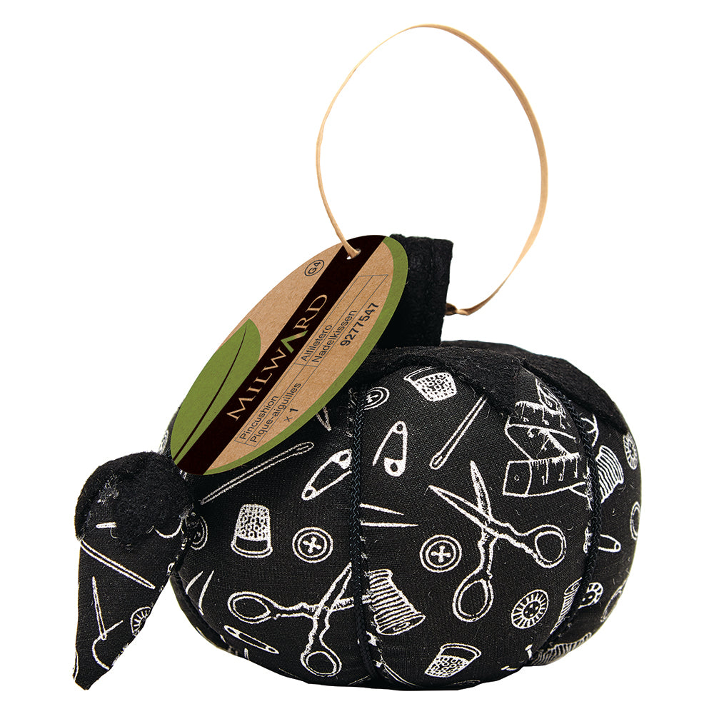 Tomato pincushion with gold notions print