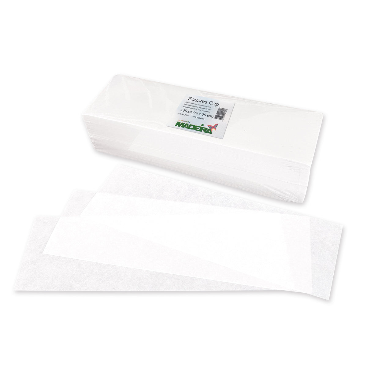 Stack of white pre-cut Madeira tear-away stabiliser pieces for caps
