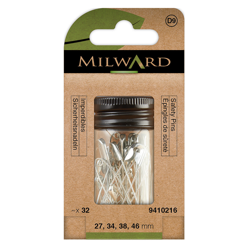 Box of assorted nickel safety pins in four sizes