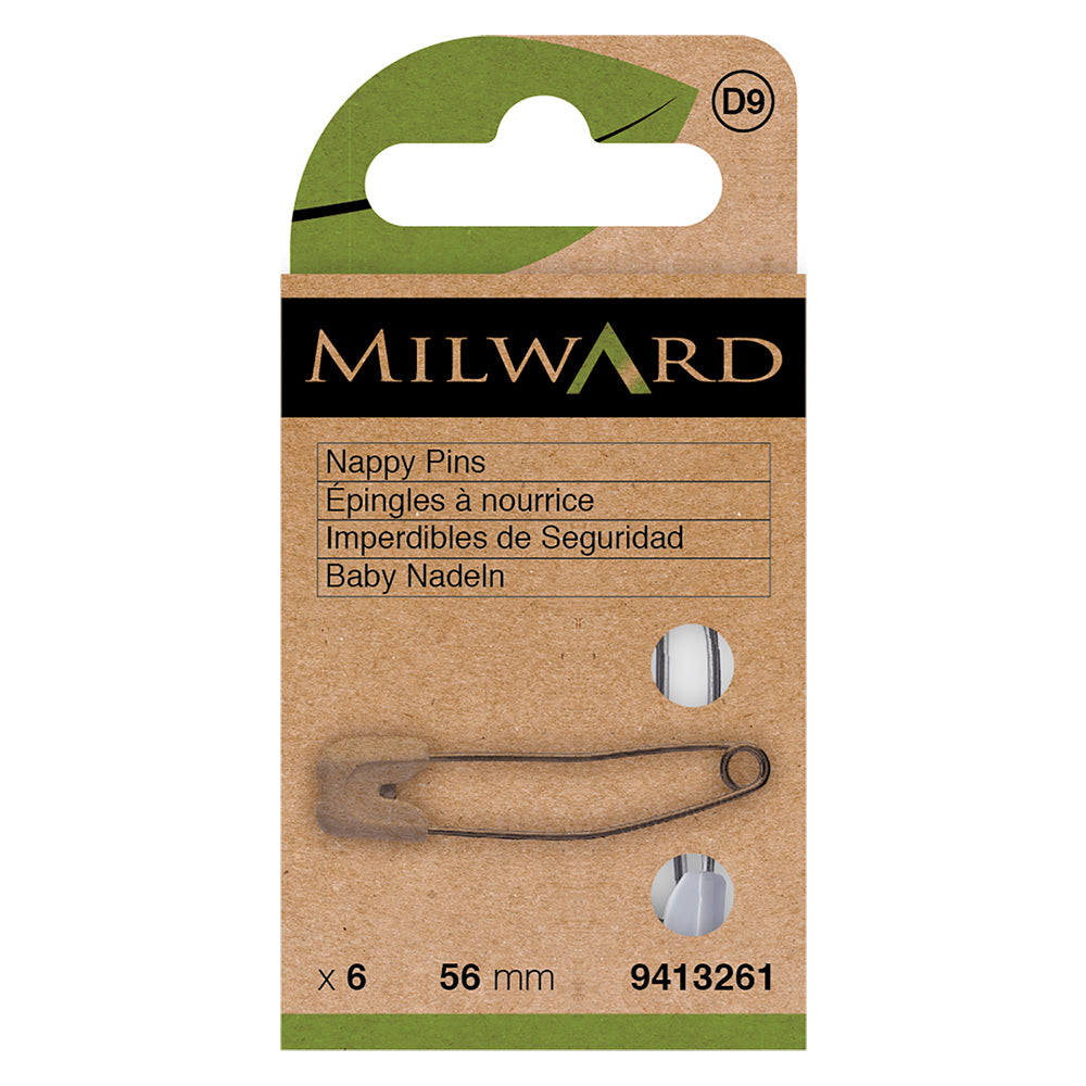 Six white nappy pins with plastic safety heads