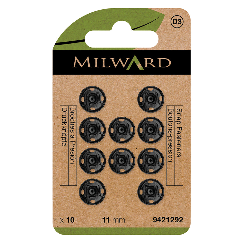 Card of black 11mm sew-on snap fasteners