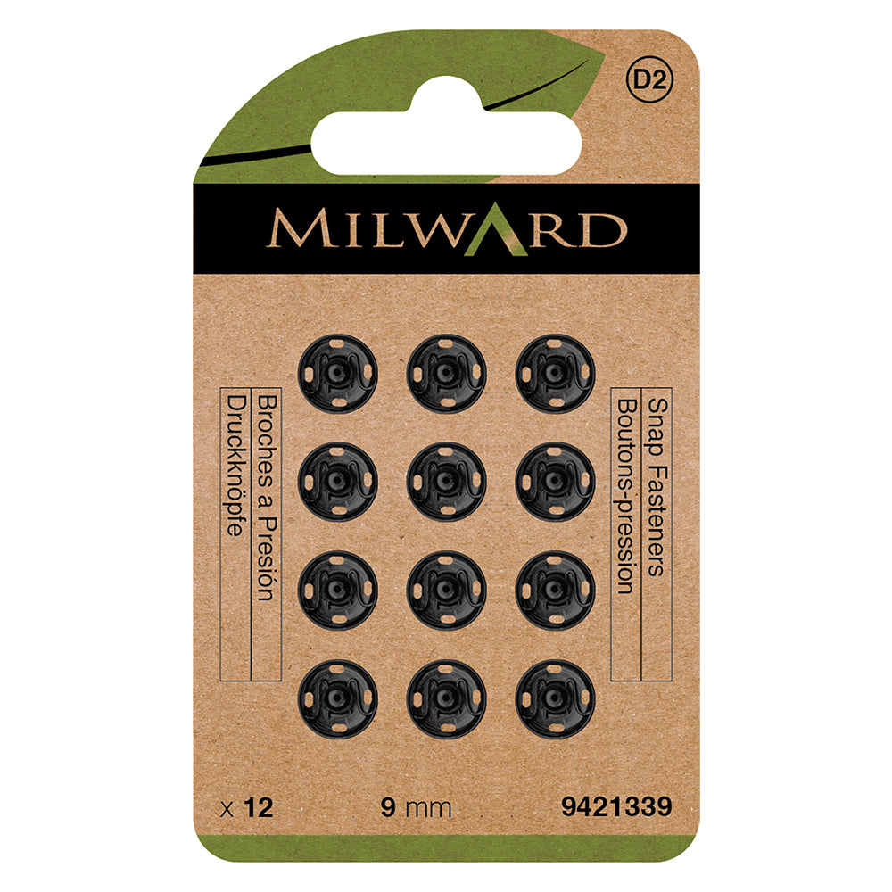 Card of black 9mm sew-on snap fasteners