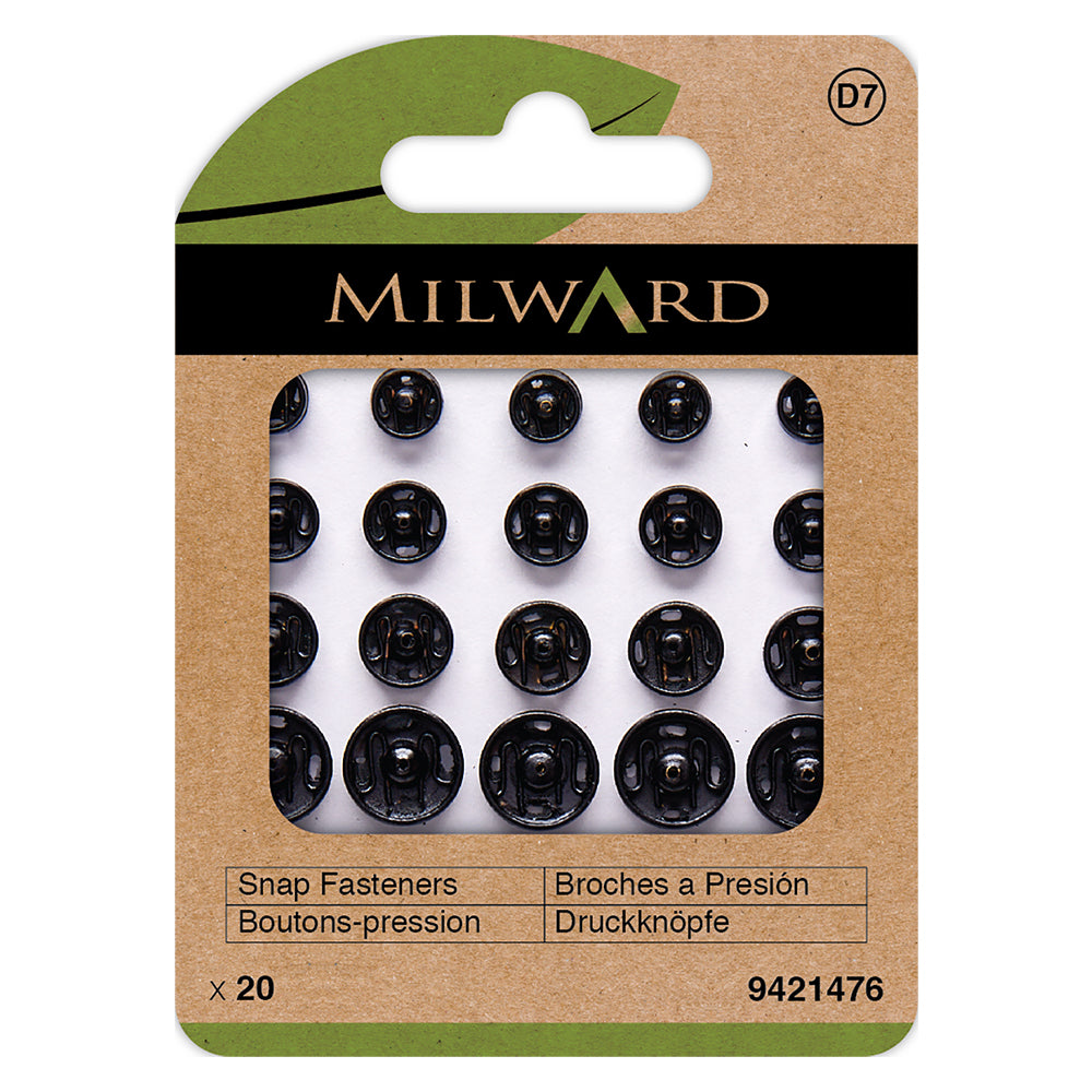 Card of 20 assorted black sew-on snap fasteners