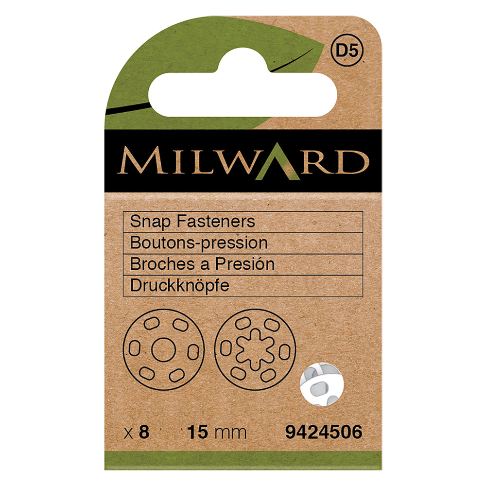 Card of 8 plastic 15mm sew-on snap fasteners
