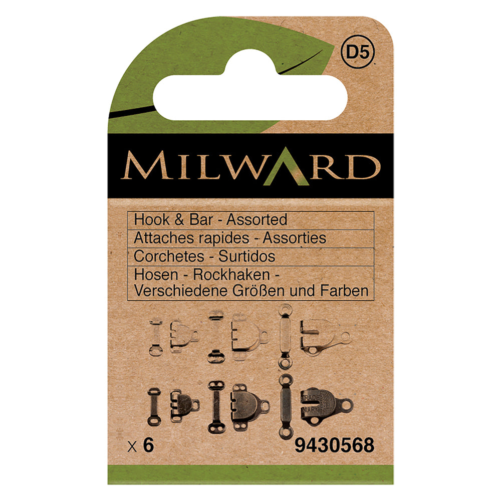 Card of 6 assorted black and nickel hook and bar fasteners