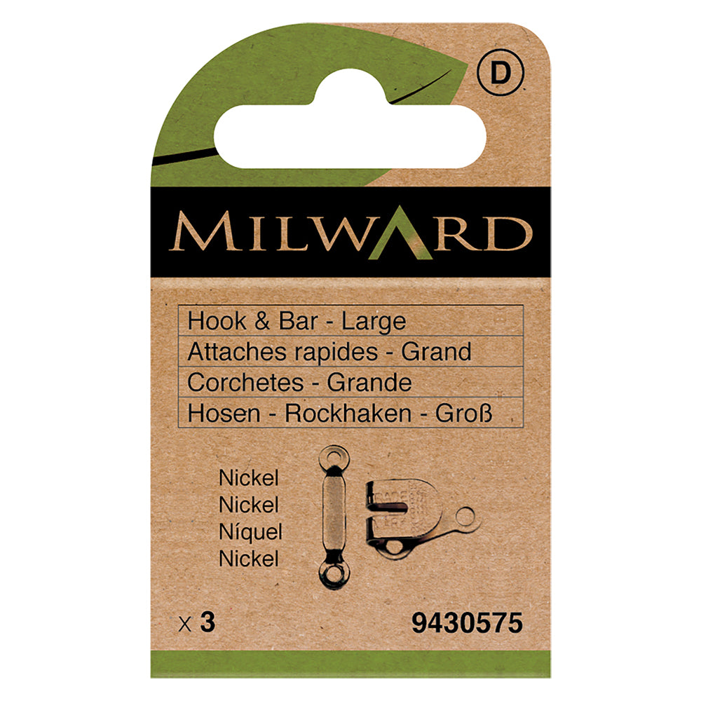 Card of 3 large nickel hook and bar fasteners