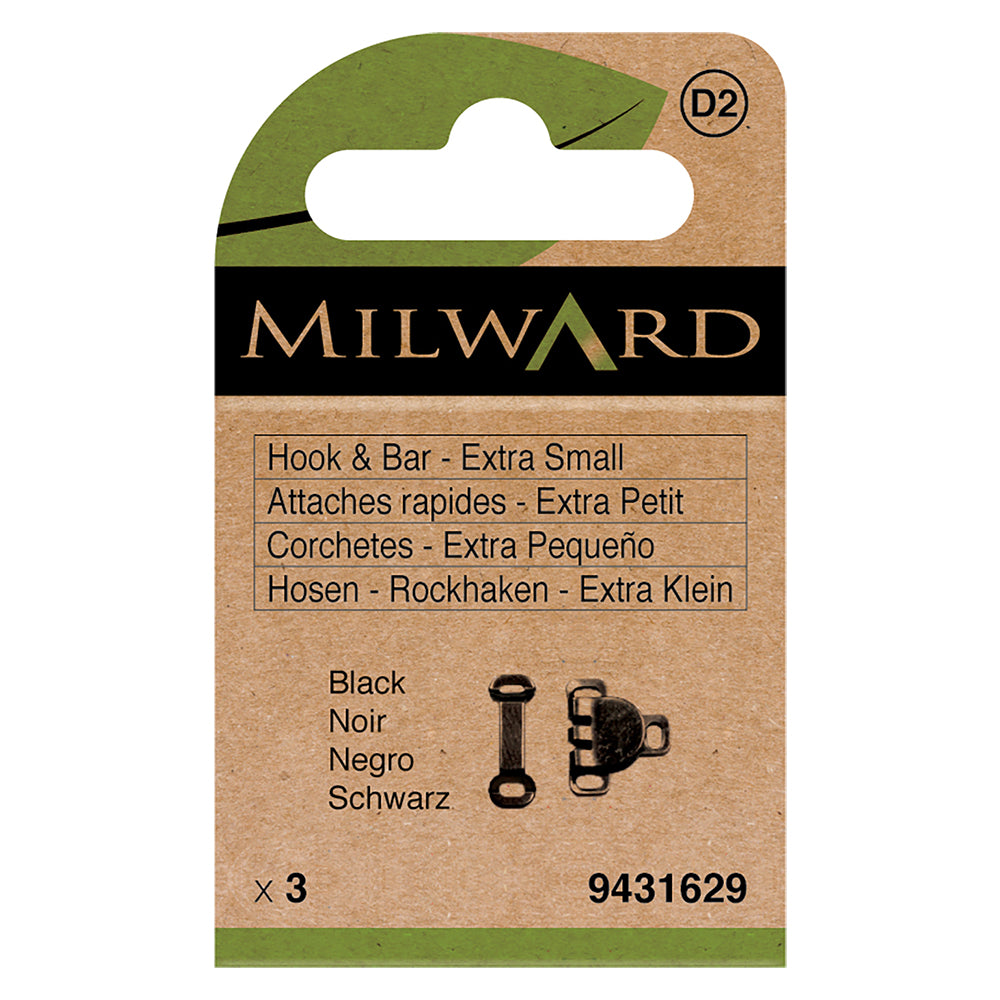 Card of 3 extra small black hook and bar fasteners