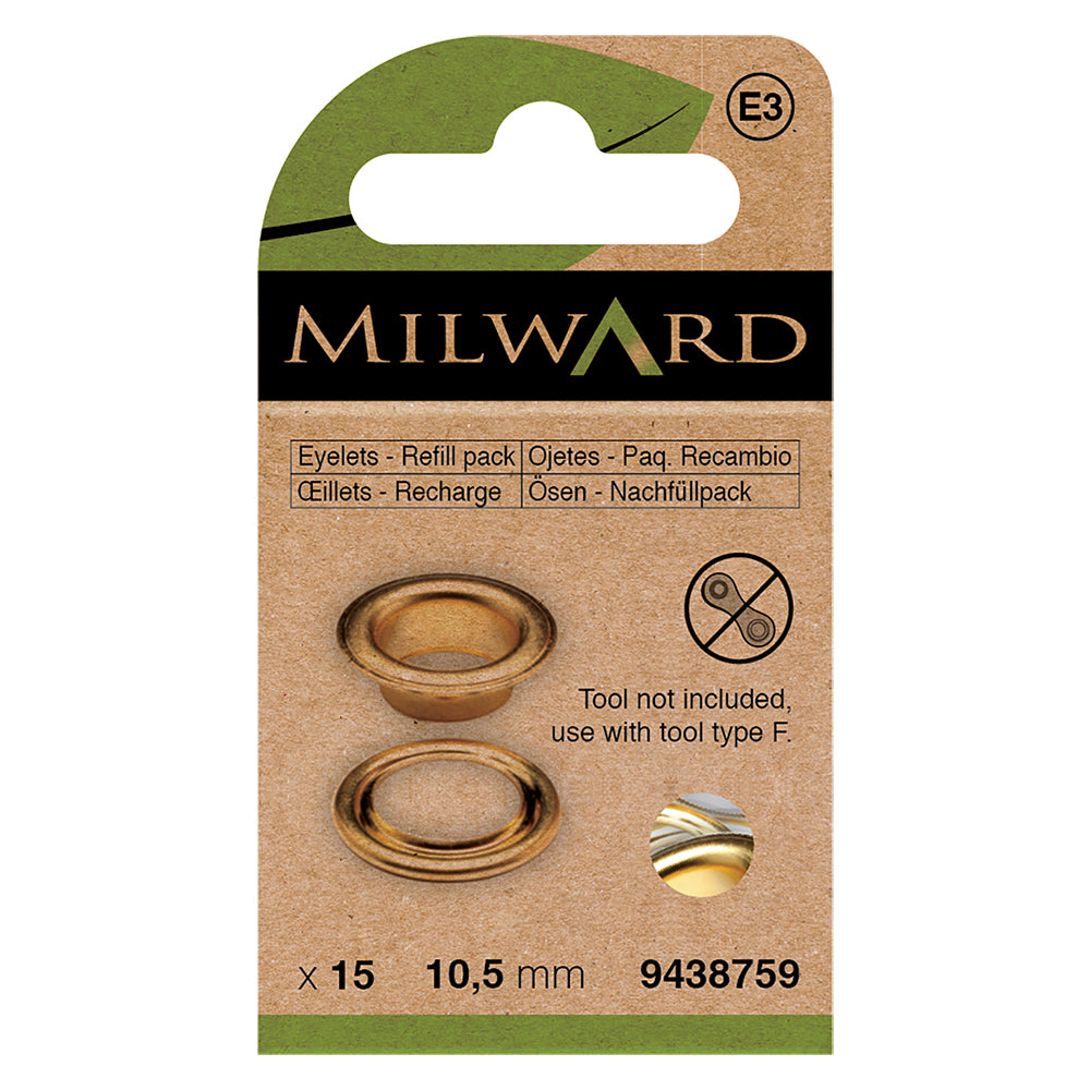 Pack of 15 gold 10.5mm eyelets and washers