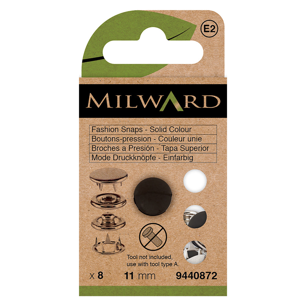 Pack of 8 black 11mm solid top snap fasteners