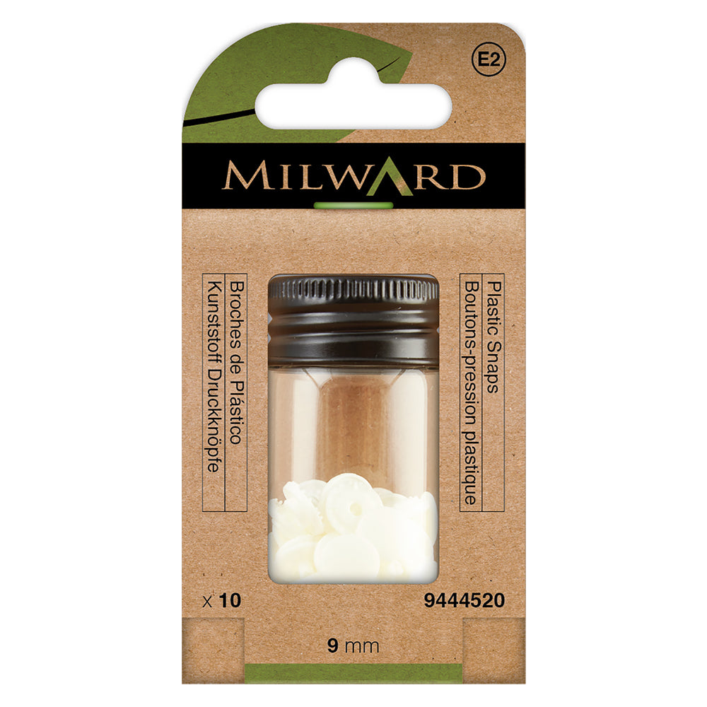 White 9mm plastic snap fasteners in a pack