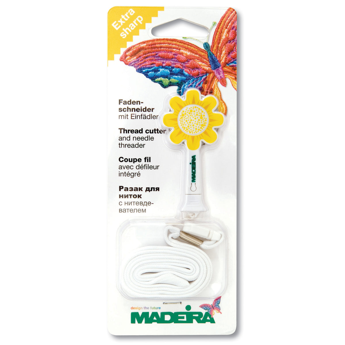 Yellow flower-shaped Madeira thread cutter with white neck cord