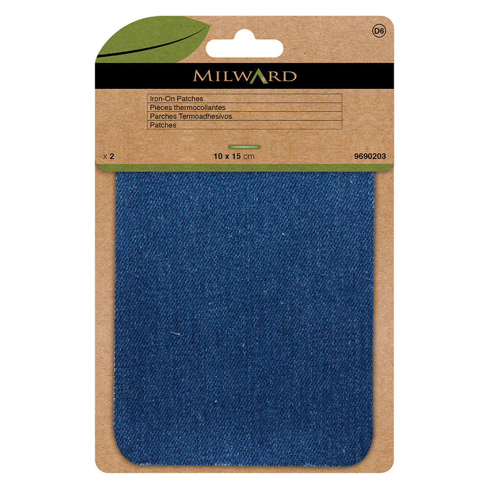 Two mid denim twill patches in Milward Green packaging
