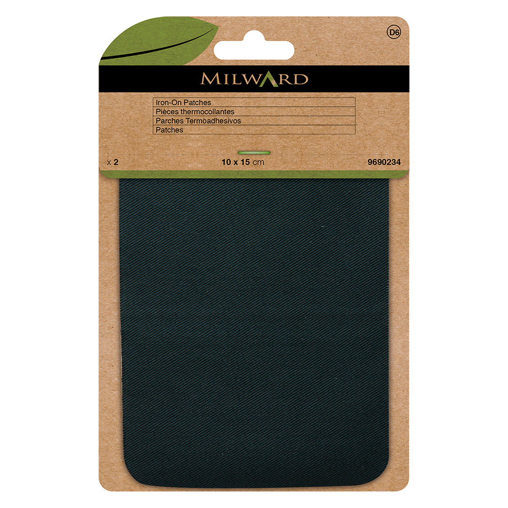 Two bottle green twill patches in Milward Green packaging