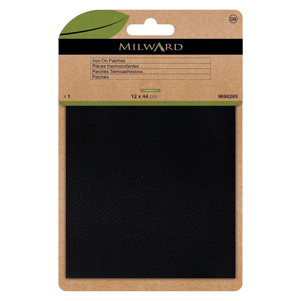 Black iron-on repair fabric strip in Milward Green packaging